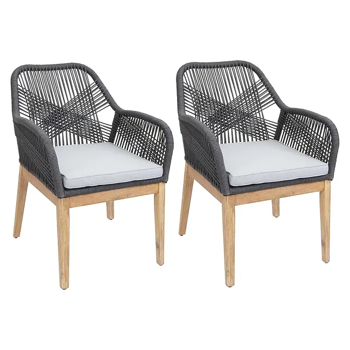 Proregal Gartenstuhl-Set 2er - 2 Stk., Dunkelgrau - Zwei Outdoor-Stühle mit grauem Seilgeflecht, hellen Holzbeinen und hellgrauen Sitzkissen.