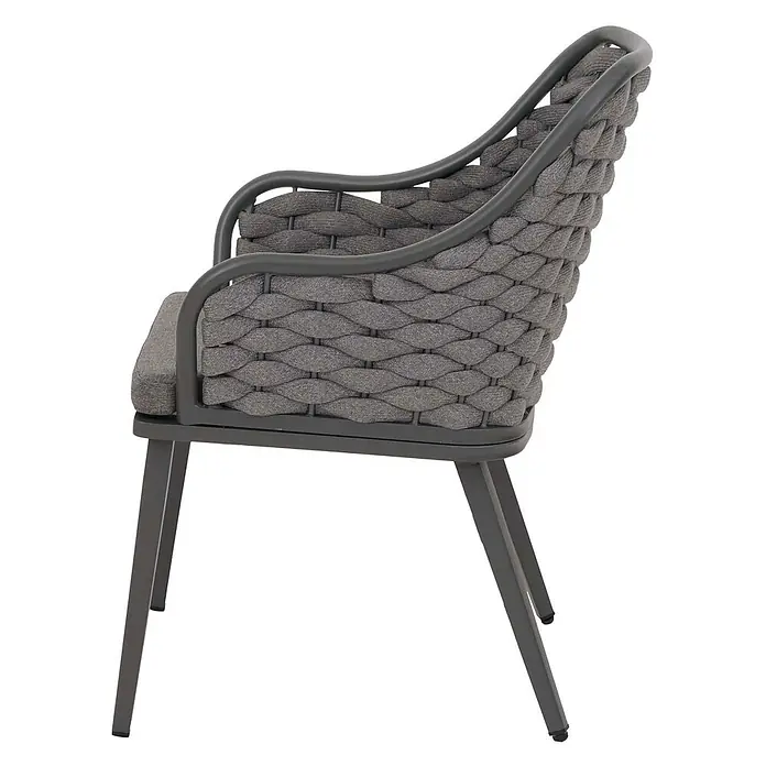 Proregal Gartenstuhl-Set 2er - 2 Stk., Anthrazit, B x T x H: 59 x 63 x 84 cm - Grauer Outdoor-Esszimmerstuhl mit geflochtener Rückenlehne und Armlehnen aus Seil sowie weichem Sitzkissen.