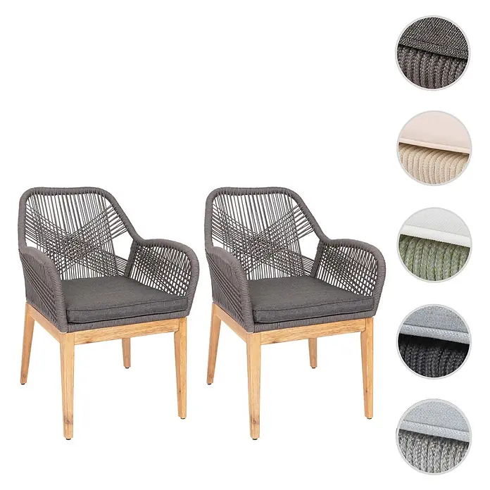 Proregal Gartenstuhl-Set 2er - 2 Stk., Dunkelgrau, B x T x H: 58 x 59 x 85 cm - Zwei moderne Sessel mit grauen geflochtenen Seillehnen/Armlehnen, dunkelgrauen Kissen und hellen Holzbeinen.