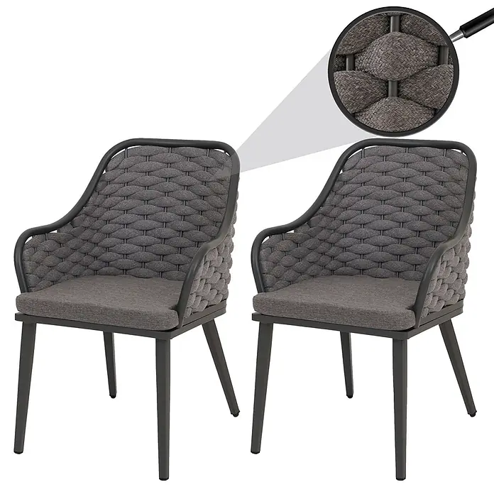Proregal Gartenstuhl-Set 2er - 2 Stk., Anthrazit, B x T x H: 59 x 63 x 84 cm - Zwei graue Esszimmerstühle mit geflochtenen Rückenlehnen, dunklen Metallrahmen und grauen Stoffkissen.