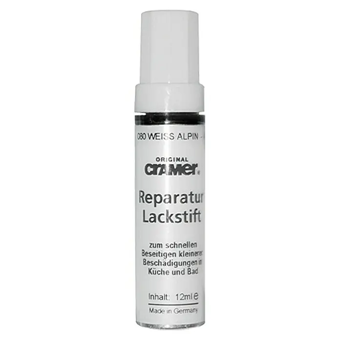 Reparatur-Lackstift Küche & Bad - Weiß, 12 ml - Abbildung eines Cramer Reparatur-Lackstifts 080 Weiss Alpin, zum schnellen Ausbessern von kleineren Schäden in Küche und Bad.