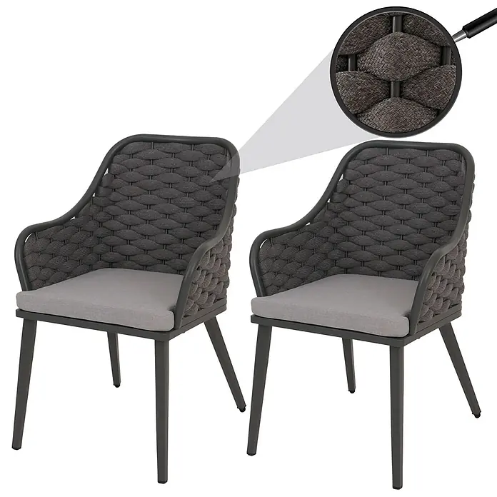 Proregal Gartenstuhl-Set 2er - 2 Stk., Anthrazit - Zwei dunkelgraue Gartenstühle mit geflochtenen Seillehnen und hellgrauen Kissen, auf stabilen Metallgestellen.