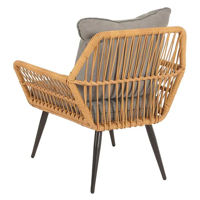 Proregal Gartenstuhl-Set Garnitur mit Tisch - Poly-Rattan, Dunkelgrau, B x T x H: 64 x 72 x 78 cm - Rattan-Sessel mit grauen Kissen und dunklen konischen Beinen, von hinten rechts gesehen.