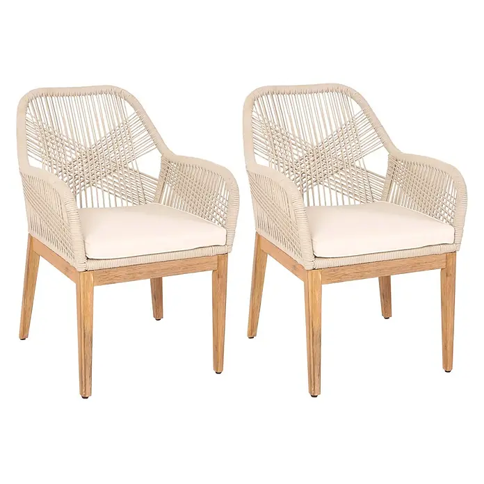 Proregal Gartenstuhl-Set 2er - 2 Stk., Beige, B x T x H: 58 x 59 x 85 cm - Zwei Stühle mit cremefarbenem geflochtenen Seil, hellen Holzrahmen und weißen Sitzkissen.