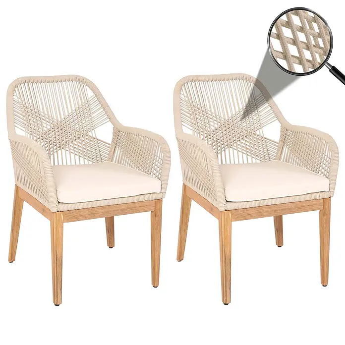 Proregal Gartenstuhl-Set 2er - 2 Stk., Beige, B x T x H: 58 x 59 x 85 cm - Set aus zwei cremefarbenen Seilstühlen mit Holzbeinen und hellen Kissen.