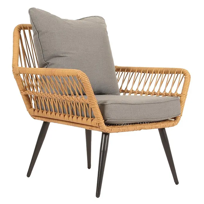 Proregal Gartenstuhl-Set Garnitur mit Tisch - Poly-Rattan, Dunkelgrau, B x T x H: 64 x 72 x 78 cm - Geflochtener hellbrauner Rattanstuhl mit grauen Kissen und schwarzen Beinen.