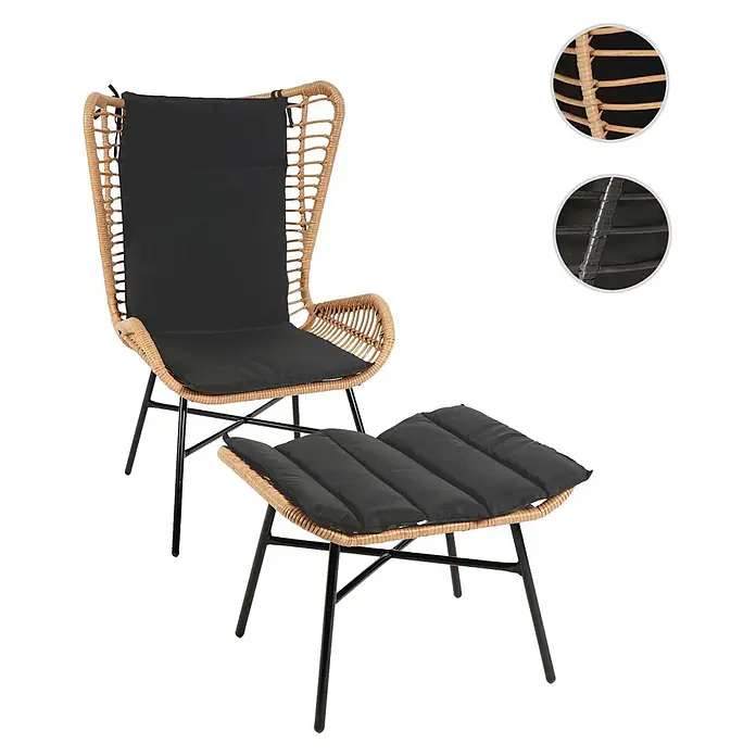 Proregal Gartenstuhl-Set Garnitur mit Tisch - Anthrazit, B x T x H: 68 x 70 x 103 cm - Rattansessel- und Hocker-Set mit schwarzen Kissen und schwarzen Metallbeinen.