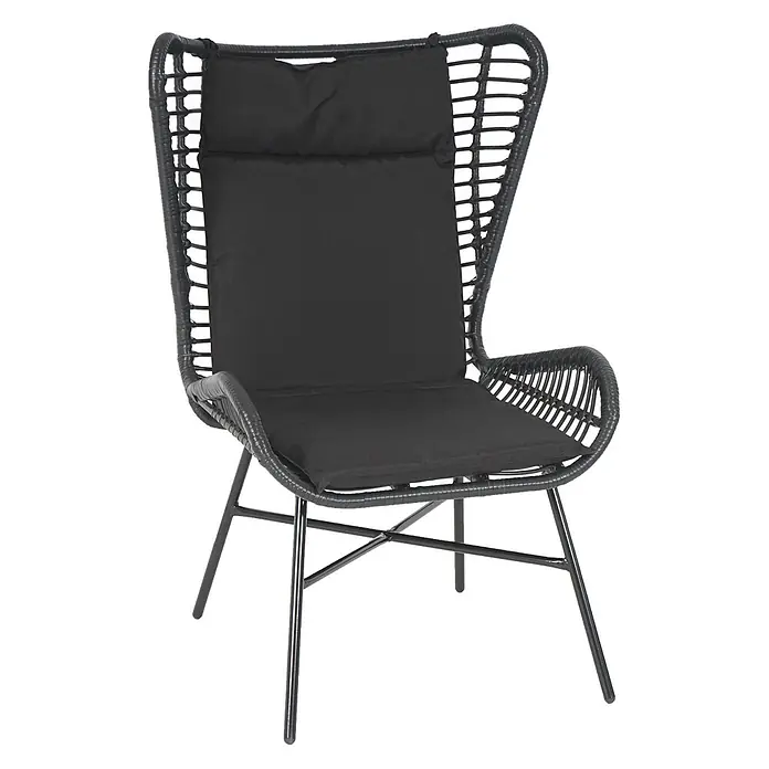 Proregal Gartenstuhl-Set Garnitur mit Tisch - Anthrazit, B x T x H: 68 x 70 x 103 cm - Schwarzer Hochlehner-Sessel aus Geflecht mit schwarzen Kissen und Metallbeinen.