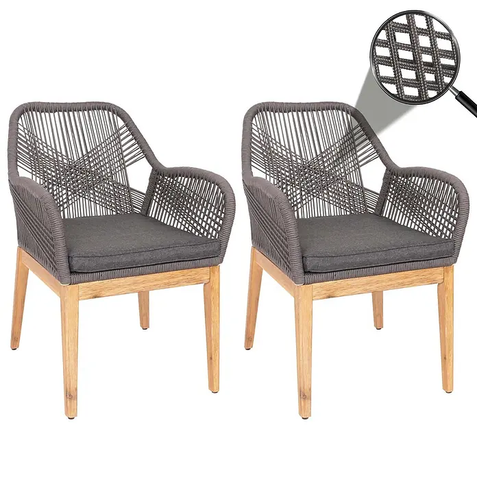 Proregal Gartenstuhl-Set 2er - 2 Stk., Grau, B x T x H: 58 x 59 x 85 cm - Zwei graue Sessel mit geflochtenen Seilen, dunklen Kissen und hellen Holzbeinen.