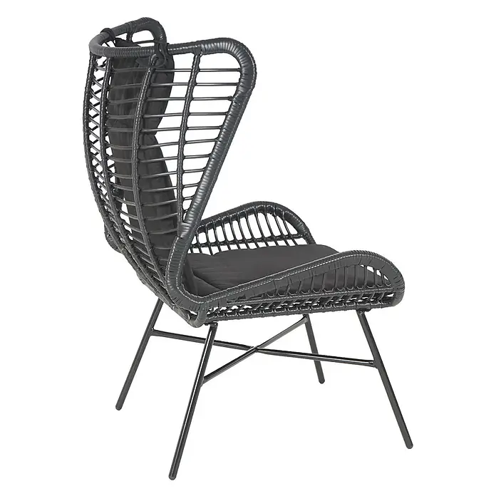 Proregal Gartenstuhl-Set Garnitur mit Tisch - Anthrazit, B x T x H: 68 x 70 x 103 cm - Dunkelgrauer geflochtener Rattan-Sessel mit hoher Rückenlehne, Armlehnen und schwarzen Kissen auf schlanken Metallbeinen.