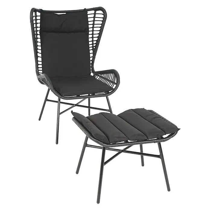 Proregal Gartenstuhl-Set Garnitur mit Tisch - Anthrazit, B x T x H: 68 x 70 x 103 cm - Schwarzer geflochtener Sessel mit weichen Kissen und passendem Hocker.