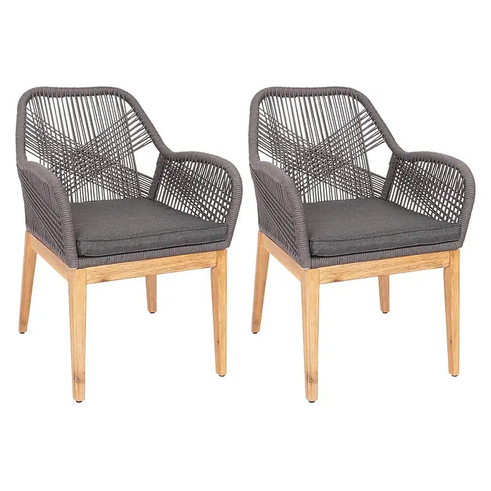 Proregal Gartenstuhl-Set 2er - 2 Stk., Grau, B x T x H: 58 x 59 x 85 cm - Zwei graue Stühle aus geflochtenem Seil mit dunklen Kissen und hellen Holzbeinen, für den Außenbereich geeignet.