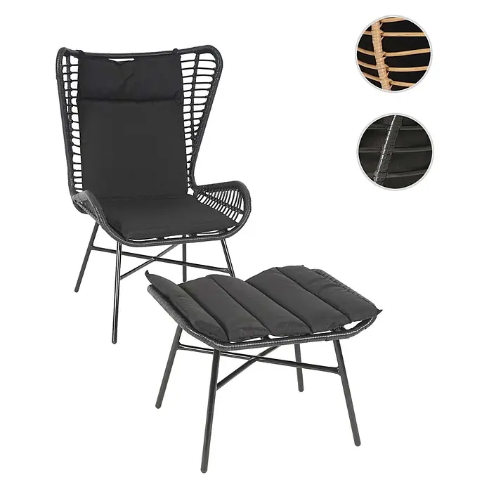 Proregal Gartenstuhl-Set Garnitur mit Tisch - Anthrazit, B x T x H: 68 x 70 x 103 cm - Schwarzer Rattan-Sessel und Hocker-Set mit schwarzen Kissen.