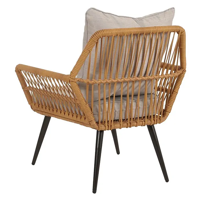 Proregal Gartenstuhl-Set Garnitur mit Tisch - Poly-Rattan, Hellgrau, B x T x H: 64 x 72 x 78 cm - Hellbrauner Rattan-Sessel mit hellgrauen Stoffkissen und schwarzen Metallbeinen.