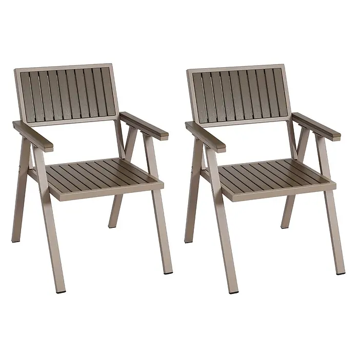 Proregal Gartenstuhl-Set 2er - 2 Stk., Grau - Zwei taupefarbene Metall-Gartenstühle mit braunen Lamellensitzen und -lehnen aus Verbundmaterial.