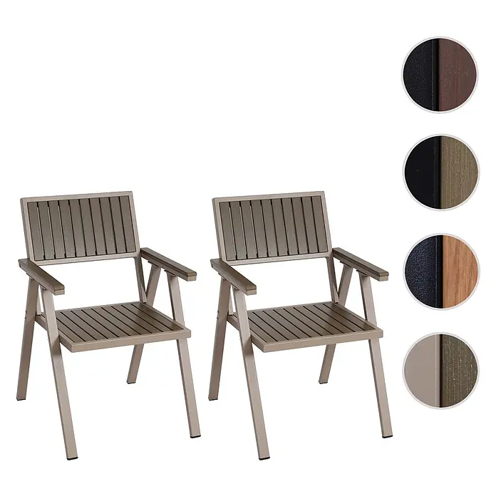 Proregal Gartenstuhl-Set 2er - 2 Stk., Grau - Zwei Outdoor-Sessel mit taupefarbenen Metallgestellen und Holzoptik-Verbundlatten, in verschiedenen Farben erhältlich.