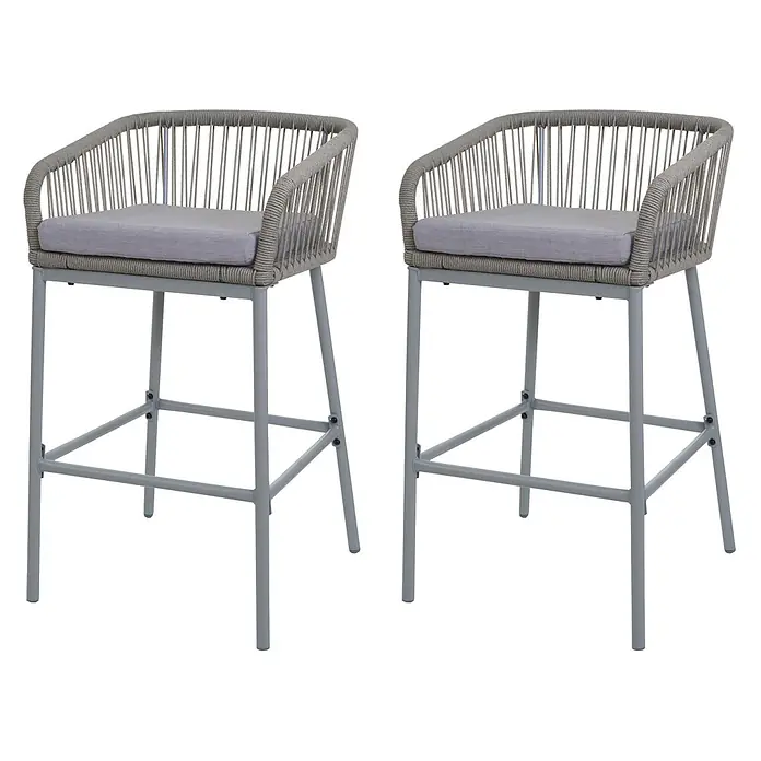 2er-Set Rope-Barhocker | HxBxT 92x51x53 cm | Sitzhöhe 76cm | Outdoor Sitzpolster Seilgeflecht Metall | Hellgrau | Kissen Hellgrau | Tresenhocker -  - Zwei graue Barhocker mit geflochtenen Seilrückenlehnen und hellgrauen Kissen, auf Metallrahmen.