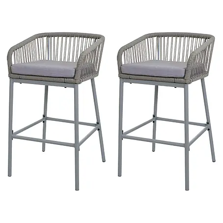 2er-Set Rope-Barhocker | HxBxT 92x51x53 cm | Sitzhöhe 76cm | Outdoor Sitzpolster Seilgeflecht Metall | Hellgrau | Kissen Hellgrau | Tresenhocker