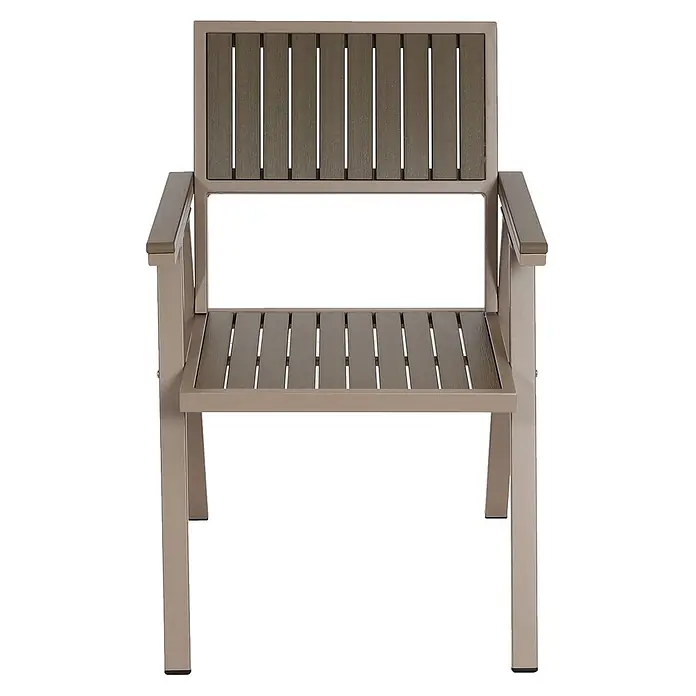 Proregal Gartenstuhl-Set 2er - 2 Stk., Grau - Sessel mit taupefarbenem Metallrahmen und dunkelbrauner Lattenrost-Sitzfläche, -Rückenlehne und -Armlehnen.