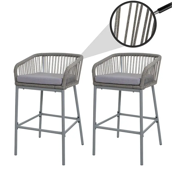2er-Set Rope-Barhocker | HxBxT 92x51x53 cm | Sitzhöhe 76cm | Outdoor Sitzpolster Seilgeflecht Metall | Hellgrau | Kissen Hellgrau | Tresenhocker -  - Zwei graue Barhocker mit geflochtenen Seillehnen und Armlehnen, Metallgestellen und Sitzkissen. Eine Nahaufnahme zeigt das Seilgeflecht.