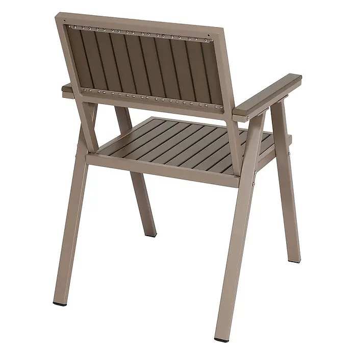 Proregal Gartenstuhl-Set 2er - 2 Stk., Grau - Beiger Metall-Sessel mit brauner Lamellensitzfläche und Rückenlehne, von hinten rechts gesehen.
