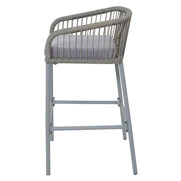 2er-Set Rope-Barhocker | HxBxT 92x51x53 cm | Sitzhöhe 76cm | Outdoor Sitzpolster Seilgeflecht Metall | Hellgrau | Kissen Hellgrau | Tresenhocker -  - Grauer Barhocker aus geflochtenem Seil mit hellgrauem Kissen und Metallgestell.