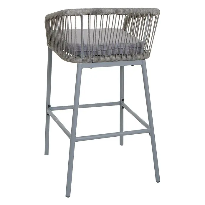 2er-Set Rope-Barhocker | HxBxT 92x51x53 cm | Sitzhöhe 76cm | Outdoor Sitzpolster Seilgeflecht Metall | Hellgrau | Kissen Hellgrau | Tresenhocker -  - Grauer Barhocker mit Seilgeflecht, grauem Metallgestell und Kissen.