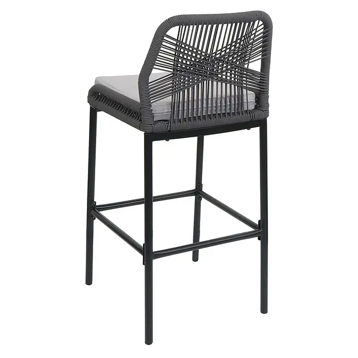 Proregal Garten-Barhocker 2er-Set - Anthrazit, B x T x H: 45 x 52 x 101 cm - Grauer Barhocker mit geflochtenem Seilrücken, schwarzem Metallgestell und hellgrauem Kissen.