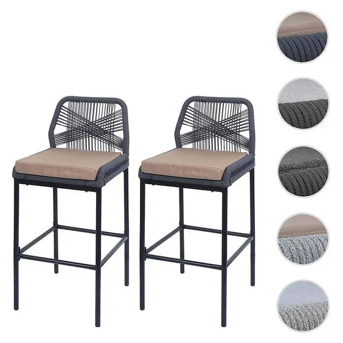 Proregal Garten-Barhocker 2er-Set - Anthrazit, B x T x H: 45 x 52 x 101 cm - Zwei dunkelgraue Barhocker mit Seilgeflecht, hellbraunen Sitzkissen und schwarzen Metallrahmen.