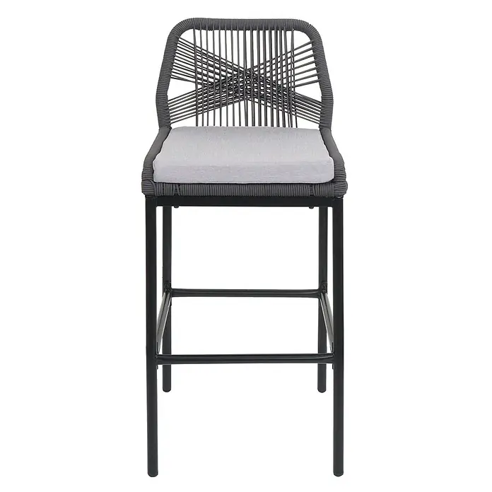 Proregal Garten-Barhocker 2er-Set - Anthrazit, B x T x H: 45 x 52 x 101 cm - Grauer Barhocker mit geflochtener Rückenlehne, hellgrauem Kissen und schwarzem Metallgestell.