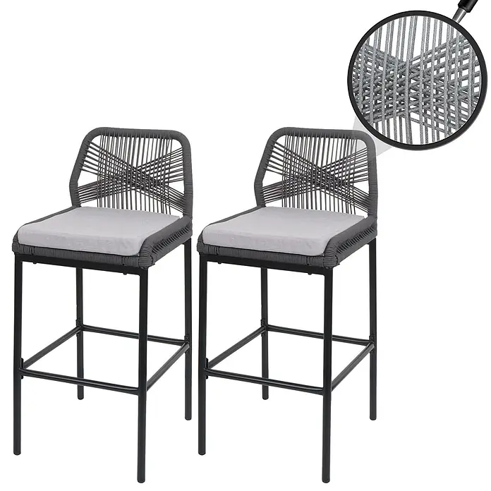 Proregal Garten-Barhocker 2er-Set - Anthrazit, B x T x H: 45 x 52 x 101 cm - Zwei graue Barhocker aus Seilgeflecht mit hellen Kissen und schwarzen Metallgestellen. Vergrößerter Detailausschnitt des Seilgeflechts.