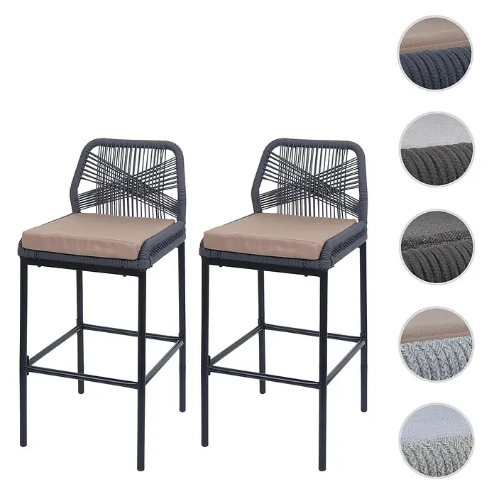 Proregal Garten-Barhocker 2er-Set - Hellgrau, B x T x H: 45 x 52 x 101 cm - Zwei dunkelgraue Barhocker aus geflochtenem Seil mit beigen Kissen und schwarzen Metallgestellen.