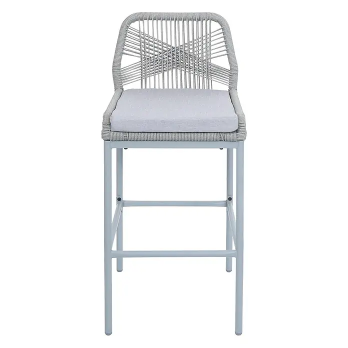 Proregal Garten-Barhocker 2er-Set - Hellgrau, B x T x H: 45 x 52 x 101 cm - Hellgrauer Barhocker aus geflochtenem Seil mit passendem Kissen und hellblauem Metallgestell.