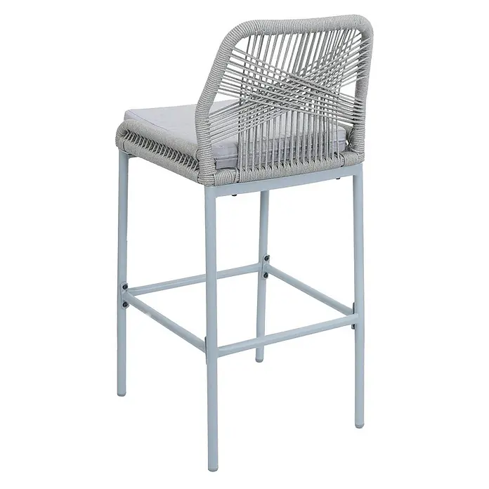 Proregal Garten-Barhocker 2er-Set - Hellgrau, B x T x H: 45 x 52 x 101 cm - Grauer Barhocker mit geflochtener Seilsitzfläche und Rückenlehne, hellem Polster und hellblau-grauem Metallgestell.