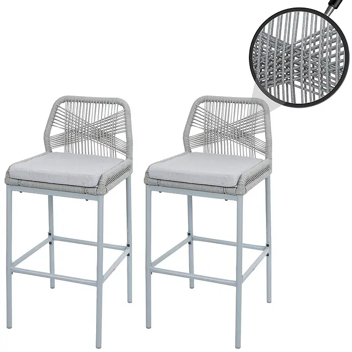 Proregal Garten-Barhocker 2er-Set - Hellgrau, B x T x H: 45 x 52 x 101 cm - Zwei hellgraue Barhocker mit geflochtenen Seillehnen und gepolsterten Kissen auf Metallgestellen.