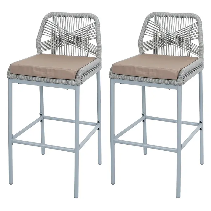 Proregal Garten-Barhocker 2er-Set - Hellgrau, B x T x H: 45 x 52 x 101 cm - Zwei hellgraue Barhocker mit Seilgeflecht, hellbraunen Kissen und Metallrahmen.