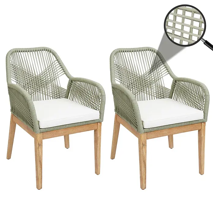 Mendler Gartenstuhl-Set HWC-H56 - 2 Stk., Holz, Grün, Kissen creme, B x T x H: 58 x 59 x 85 cm - Zwei hellgrüne Sessel aus Seilgeflecht mit weißen Kissen und hellen Holzbeinen.