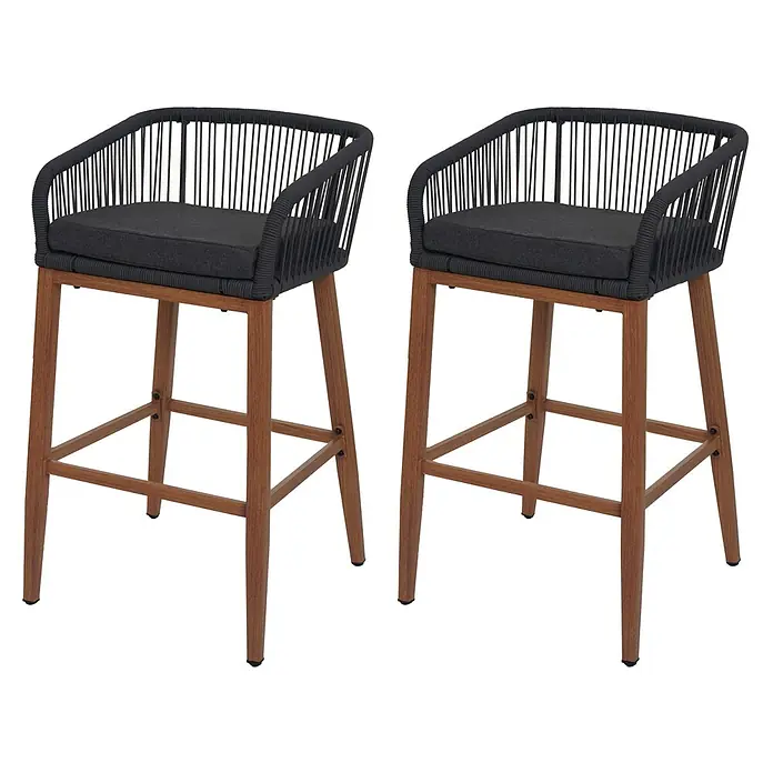 Proregal Garten-Barhocker 2er-Set - 2 Stk., Anthrazit - Zwei moderne Barhocker mit dunkelgrauem Seilgeflecht an Rückenlehne und Sitzrahmen, dunkelgrauen Kissen und hellbraunen Holzbeinen.
