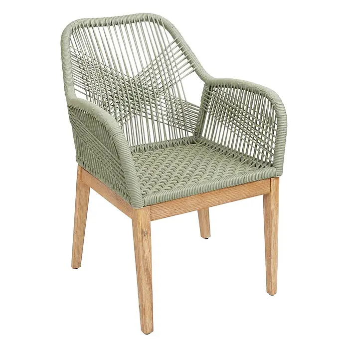 Mendler Gartensessel HWC-H56 - 1 Stk., Holz, Grün, Kissen creme, B x T x H: 58 x 59 x 85 cm - Salbeigrüner Flechtseil-Sessel mit Beinen aus Naturholz.