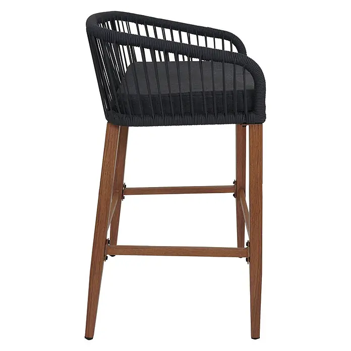 Proregal Garten-Barhocker 2er-Set - 2 Stk., Anthrazit - Barhocker mit schwarzem Seilgeflecht-Sitz, dunkelgrauem Kissen und braunen Holzbeinen.