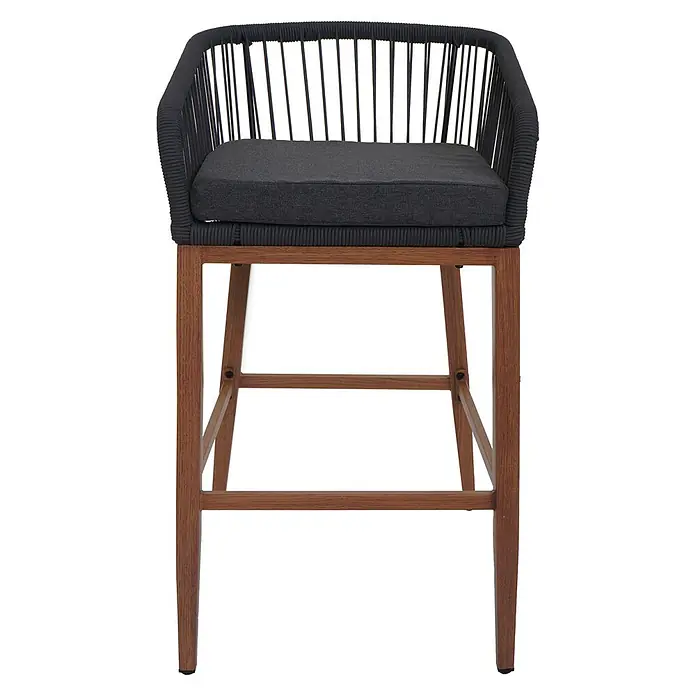 Proregal Garten-Barhocker 2er-Set - 2 Stk., Anthrazit - Dunkelgrauer Barhocker aus geflochtenem Seil mit schwarzem Kissen und braunen Holzbeinen.
