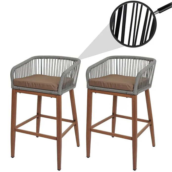 Proregal Garten-Barhocker 2er-Set - Hellgrau, B x T x H: 51 x 53 x 92 cm - Zwei Barhocker mit grauem Seilgeflecht, braunen Kissen und Holzbeinen.