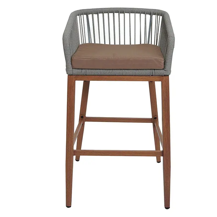 Proregal Garten-Barhocker 2er-Set - Hellgrau, B x T x H: 51 x 53 x 92 cm - Moderner Barhocker mit grauem Seilgeflecht an Rückenlehne/Armlehnen, braunem Sitzkissen und Naturholzbeinen.