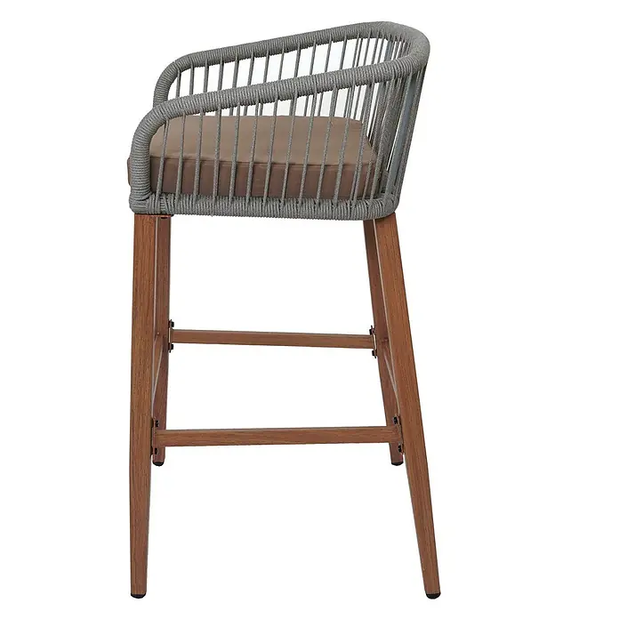 Proregal Garten-Barhocker 2er-Set - Hellgrau, B x T x H: 51 x 53 x 92 cm - Grauer Barhocker mit geflochtener Seilbespannung, braunem Kissen und Holzbeinen.