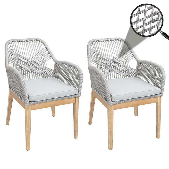 Proregal Gartenstuhl-Set 2er - 2 Stk., Hellgrau - Paar Sessel mit hellen Holzrahmen, Rückenlehnen und Armlehnen aus grauem Seilgeflecht und hellgrauen Sitzkissen.