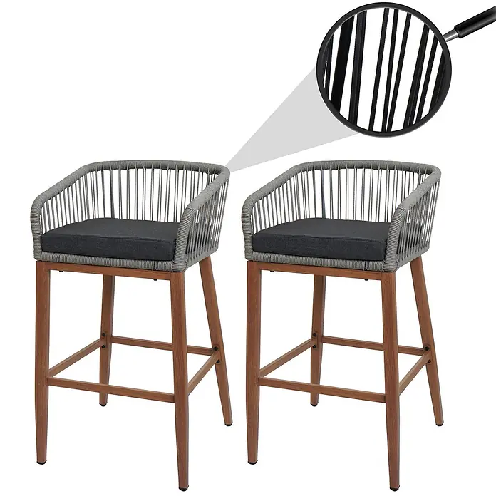 Proregal Garten-Barhocker 2er-Set - 2 Stk., Hellgrau - Zwei graue, seilummantelte Barhocker mit schwarzen Kissen und hellbraunen Holzbeinen. Detailansicht der Seilstruktur.