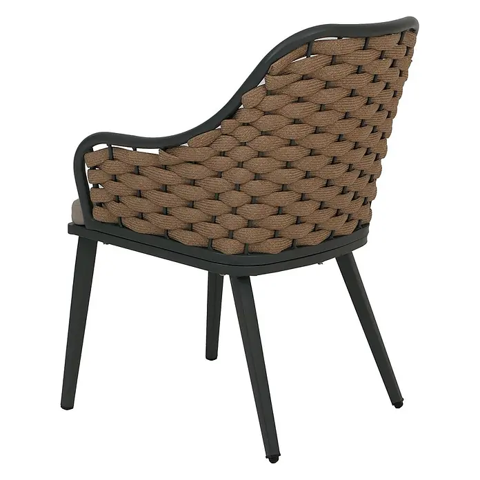 Proregal Gartenstuhl-Set 2er - 2 Stk., Beige - Outdoor-Esszimmerstuhl mit dunkelgrauem Rahmen, geflochtener brauner Seilrückenlehne und Armlehnen, grauem Sitzkissen.