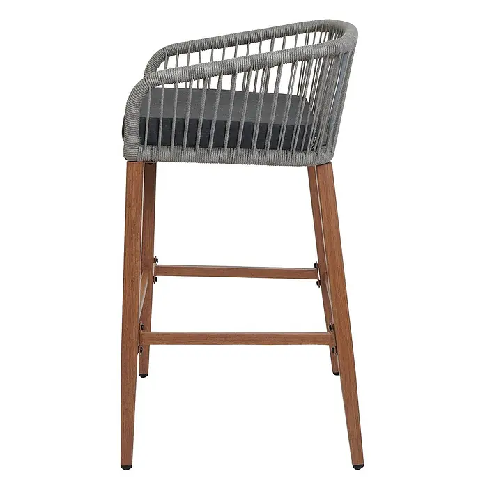 Proregal Garten-Barhocker 2er-Set - 2 Stk., Hellgrau - Grauer Barhocker aus geflochtenem Seil mit dunkelgrauem Kissen und Holzbeinen.