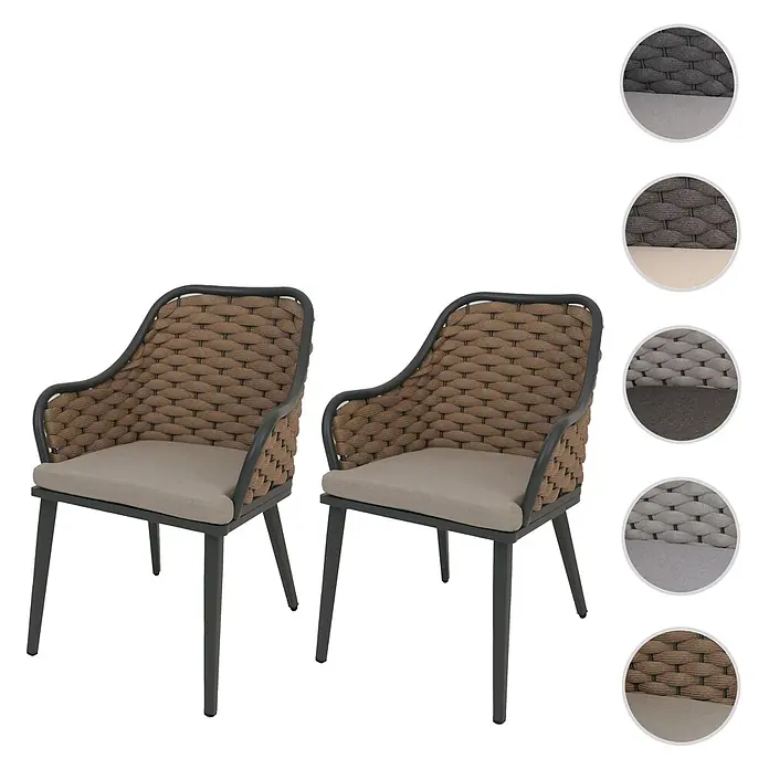 Proregal Gartenstuhl-Set 2er - 2 Stk., Beige - Zwei Outdoor-Sessel mit braunem geflochtenen Seildesign, grauen Kissen und dunkelgrauen Gestellen, mit mehreren Farboptionen.