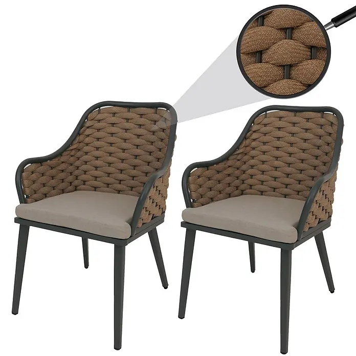 Proregal Gartenstuhl-Set 2er - 2 Stk., Beige - Zwei braune geflochtene Seil- und dunkelgraue Metall-Gartensessel mit hellbeigen Kissen.